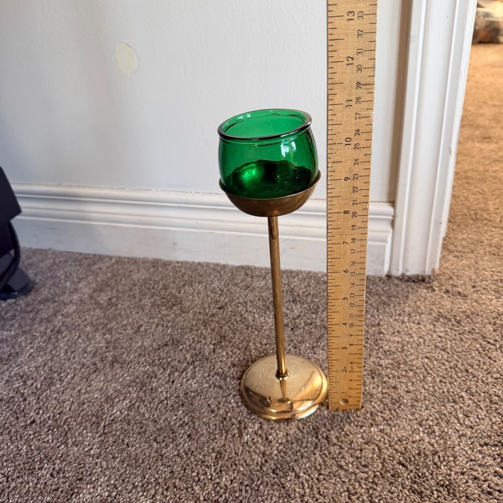 Vintage Brass‎ Candlestick Holder Green Glass Votive Cup Japan Mid Century Decor